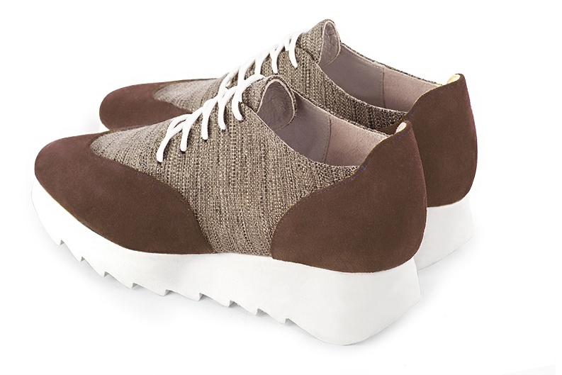 Chocolate brown and tan beige women's casual lace-up shoes. Square toe. Low rubber soles. Rear view - Florence KOOIJMAN